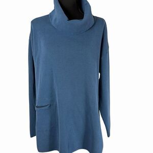 Fenini Women's Top L Cowl Neck Waffle Knit Asymmetrical Hem Long Sleeve Blue